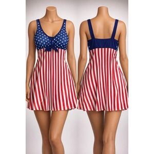 Womens American Flag One Piece Swimsuit Large Blue Red Star Striped Bow V-Neck